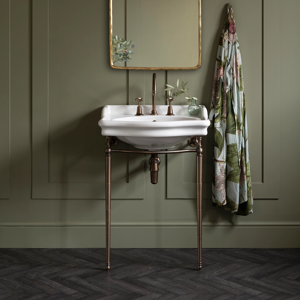 Ceramic freestanding basin available in a number of brassware finishes