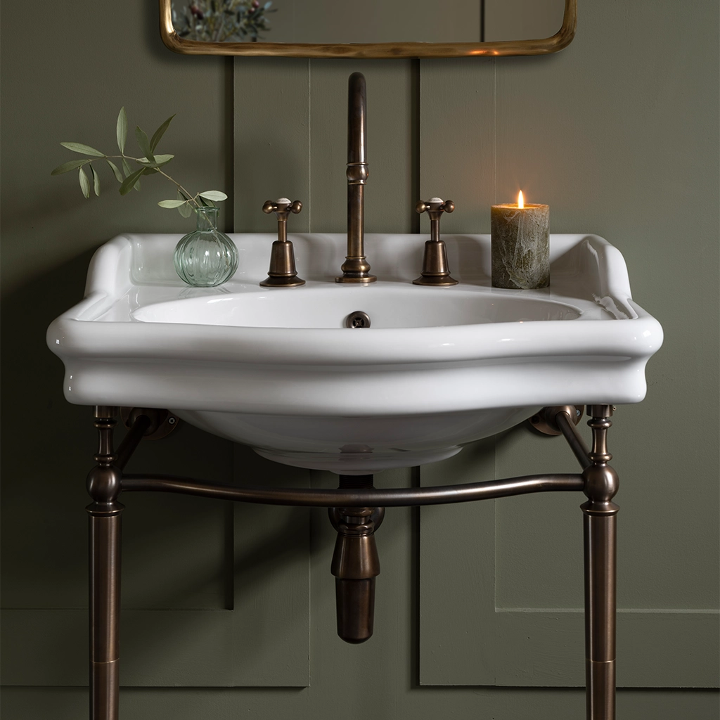 Ceramic freestanding basin available in a number of brassware finishes