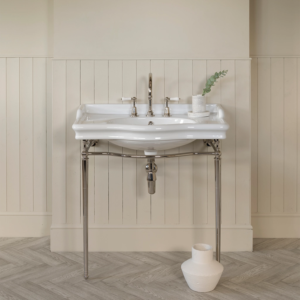 Ceramic freestanding basin available in a number of brassware finishes