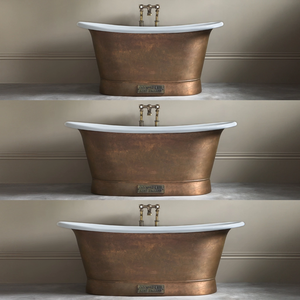 Freestanding Weathered Traditional Copper Bath with bath filler on standpipes