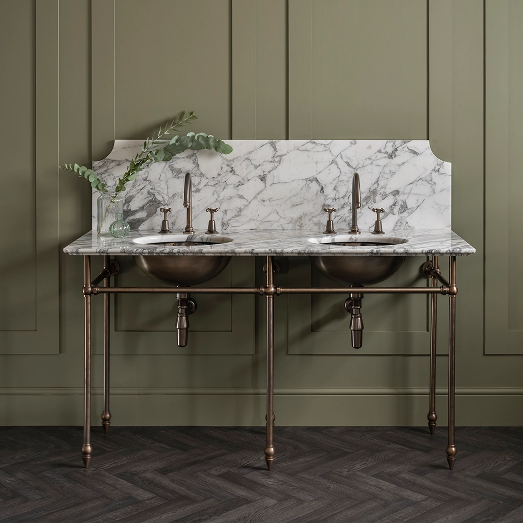 A contemporary marble-top washstand, with unforgettable design features. The Pyrford Washstand is a classic example of a truly sophisticated bathroom fixture.
