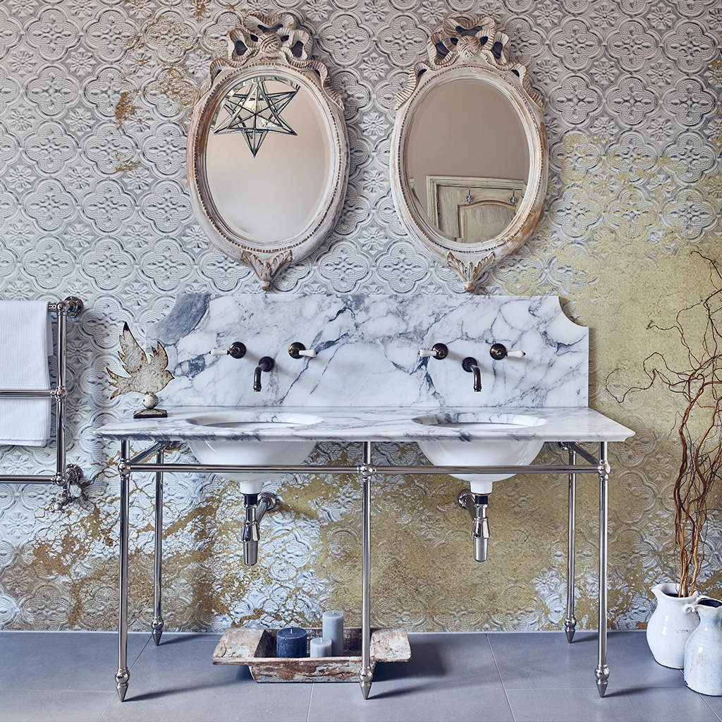 A contemporary marble-top washstand, with unforgettable design features. The Pyrford Washstand is a classic example of a truly sophisticated bathroom fixture.