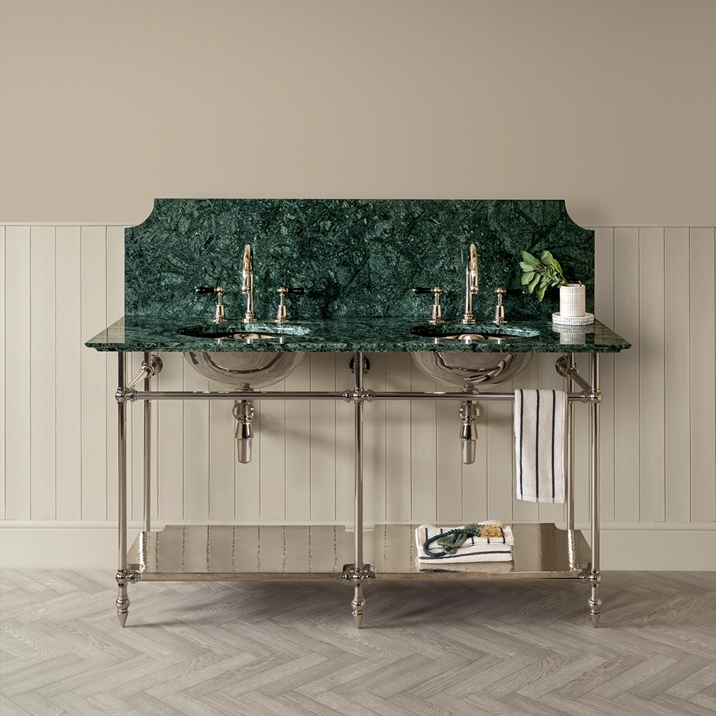 A contemporary marble-top washstand, with unforgettable design features. The Pyrford Washstand is a classic example of a truly sophisticated bathroom fixture.